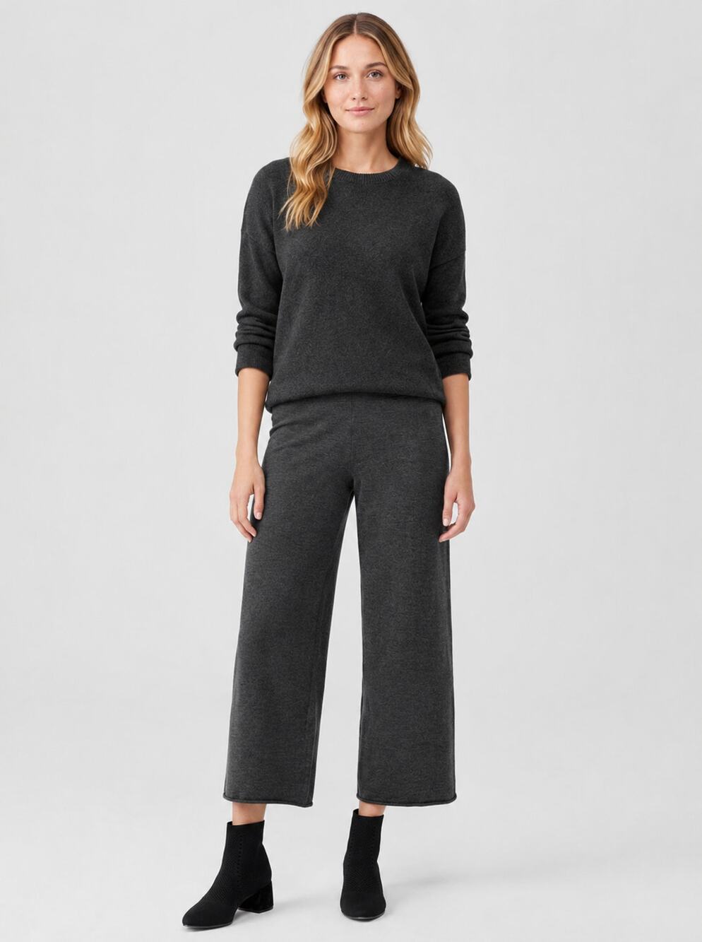 Eileen Fisher Dark Charcoal Cropped Wide-Leg Knit Pants